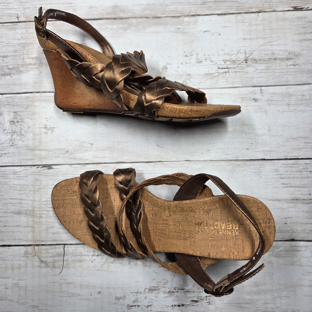 Kenneth Cole Reaction Two Cedar Wedge Sandals Braided Women 6 Bronze Metallic